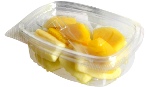 Tarrina cuadrada de 90 a 120 g, contiene manzana y mango troceados o cualquier otro tipo de fruta o combinación variada.