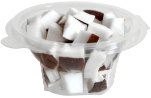 Tarrina redonda de 120 g, contiene coco troceado o cualquier otro tipo de fruta o combinación variada.