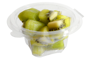 Tarrina redonda de 120 g, contiene kiwi troceado o cualquier otro tipo de fruta o combinación variada.