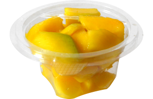 Tarrina redonda de 120 g, contiene mango troceado o cualquier otro tipo de fruta o combinación variada.