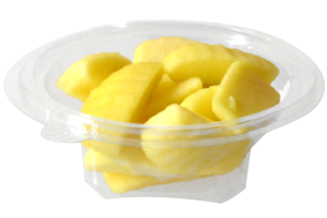 Tarrina redonda de 175 g, contiene manzana troceada o cualquier otro tipo de fruta o combinación variada.