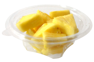 Tarrina redonda de 175 g, contiene piña troceada o cualquier otro tipo de fruta o combinación variada.