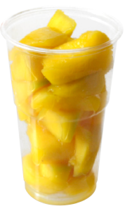 Vasos con tapa de 120 a 175 g, contiene mango troceado o cualquier otro tipo de fruta o combinación variada.