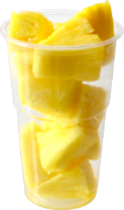 Vasos con tapa de 120 a 175 g, contiene piña troceada o cualquier otro tipo de fruta o combinación variada.